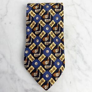 Robert Talbott Silk Tie Golf Trophy Clubs Balls Blue Gold Brown Made in USA